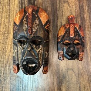 Set of 2 Vintage Hand-Carved Kenyan Wood Masks